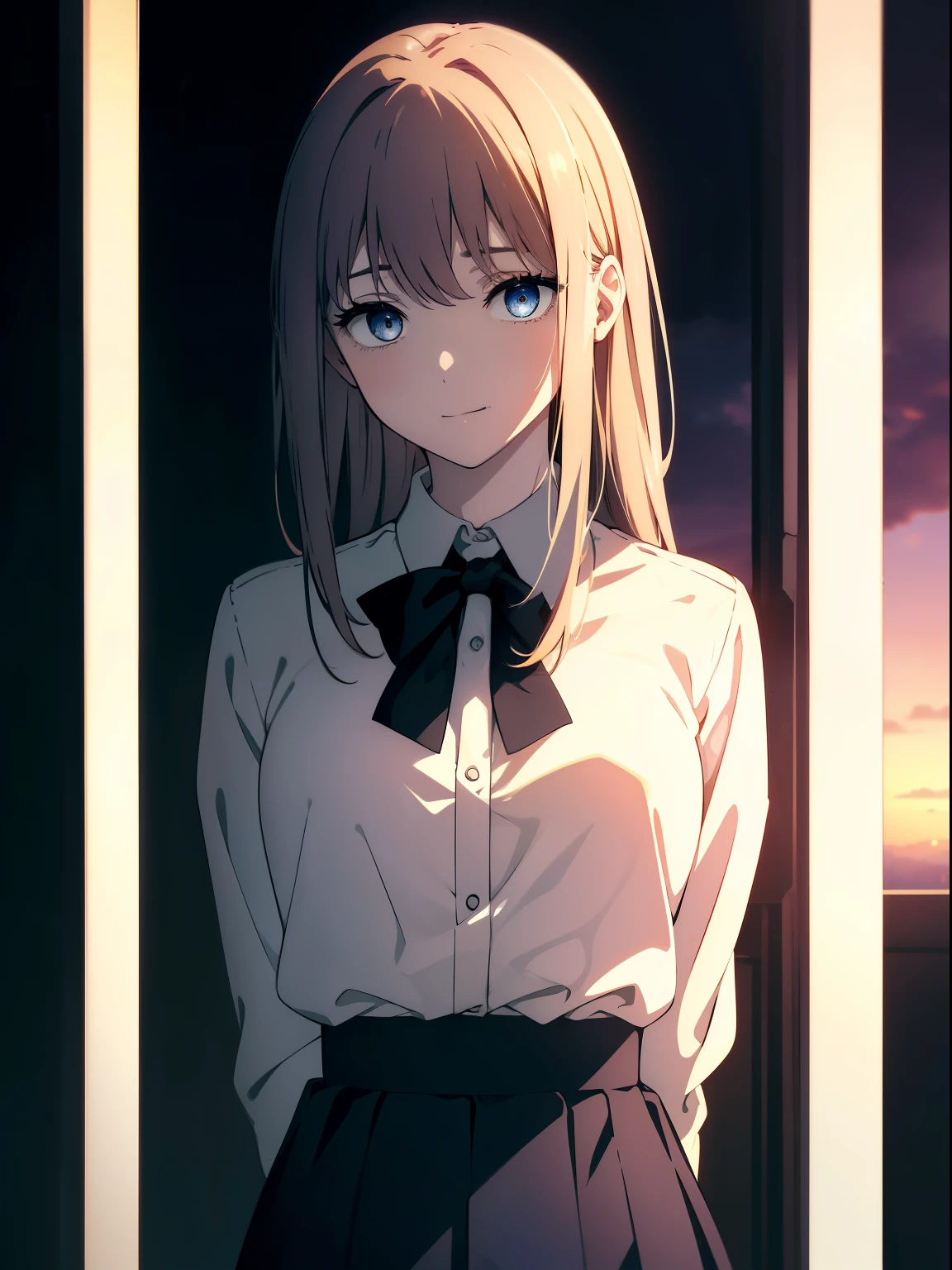 (Obra maestra, La mejor calidad, ultrahigh resolution), 1girl, school uniform, white office shirt, black pleated skirt, (light brown hair:0.7), long hair cut, pale skin, ((blue eyes)), glowing_eyes, neon eyes, (ultra detailed eyes, beautiful and detailed face, detailed eyes), ((centered)), smile, ((wide shot)), facing viewer, eye level, (blurry background, sunset background), flat chested, looking at viewer, half closed eyes, (perfect hands), (head, arms, hips, elbows, in view), ((tall)), ((hands behind back)), empty eyes, ((beautiful lighting)), light hitting face