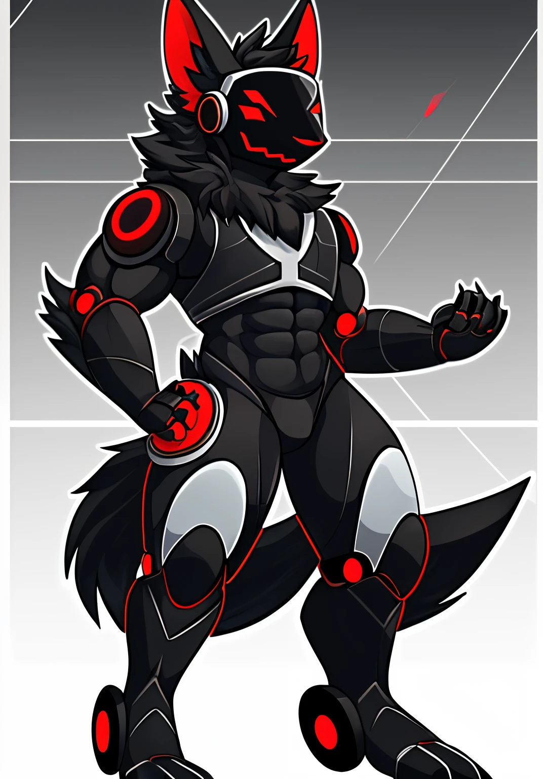 Protogen, The robot, male, black, little red, Red Eyes, Black eyes, Sexy, Muscular, Muscular men