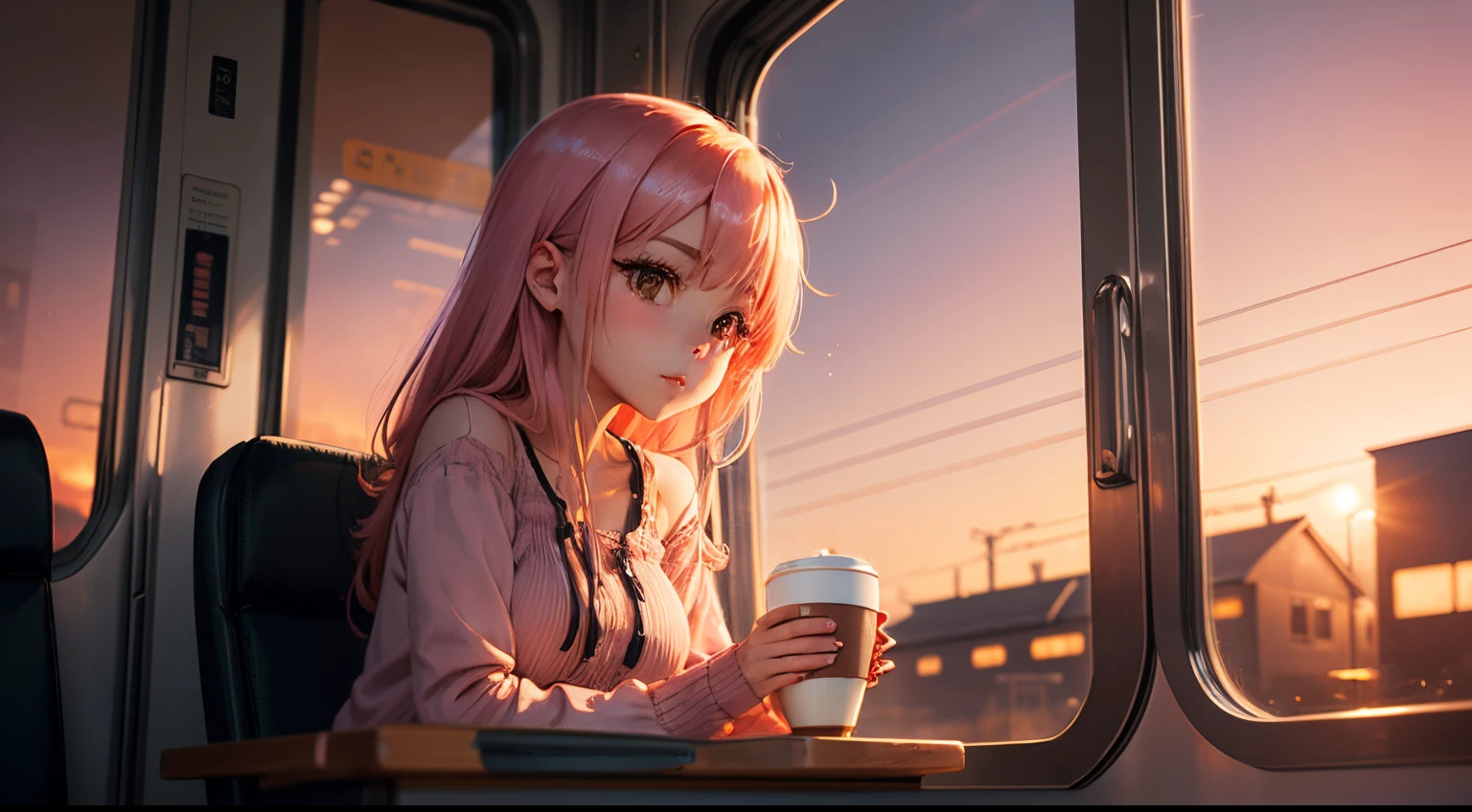 "Dreamy Dusk Delight": Anime girl near the train window and cup of coffee in a dreamy dusk landscape with warm pinks and oranges.