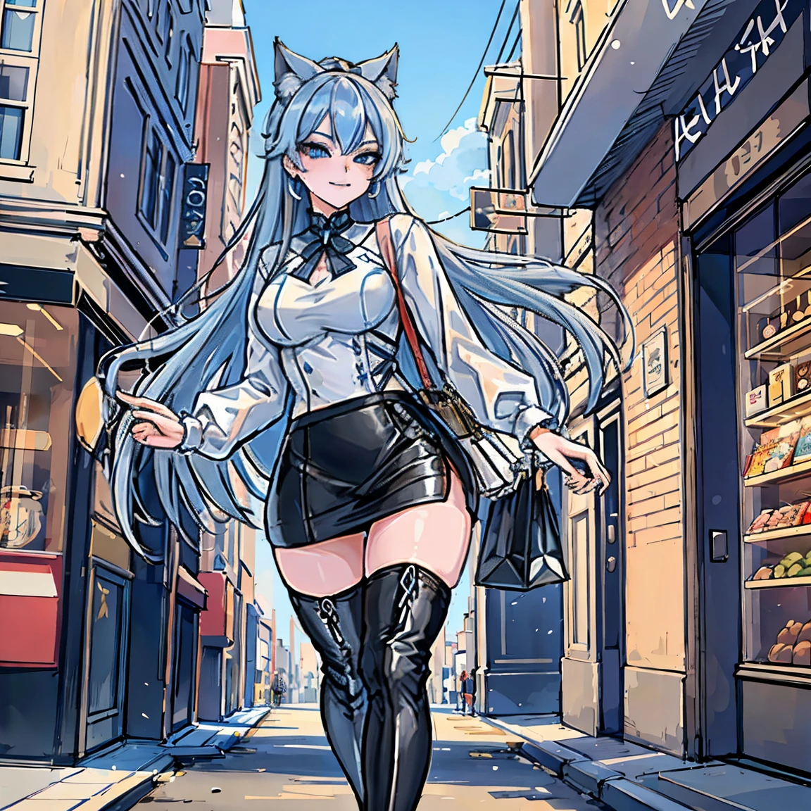 Masterpiece, beautiful art, 8k, art style by sciamano240, very detailed face, detailed clothes, detailed fabric, 1girl, beautiful face, asymmetrical long hair, light blue hair, wearing casual clothes, Dior thigh boots, leather pencil mini skirt, very detailed blue cat eyes, walking outside , out shopping , cute smirk, sunny winter day, full body view,