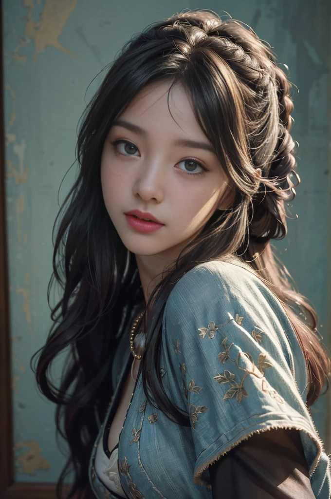 (RAW photo, bestquality), (Realistic, photo-realistic:1.3),bestquality,high-detail,masterpiece,ultra-detail,illustration,1girls,upon_body,dynamic angle,World Masterpiece Theater,messy_long_hair,bestquality,extremely detailed cg unity 8k wallpaper,ink,Marvel,Cinematic lighting,lanelare, dunhuang_style