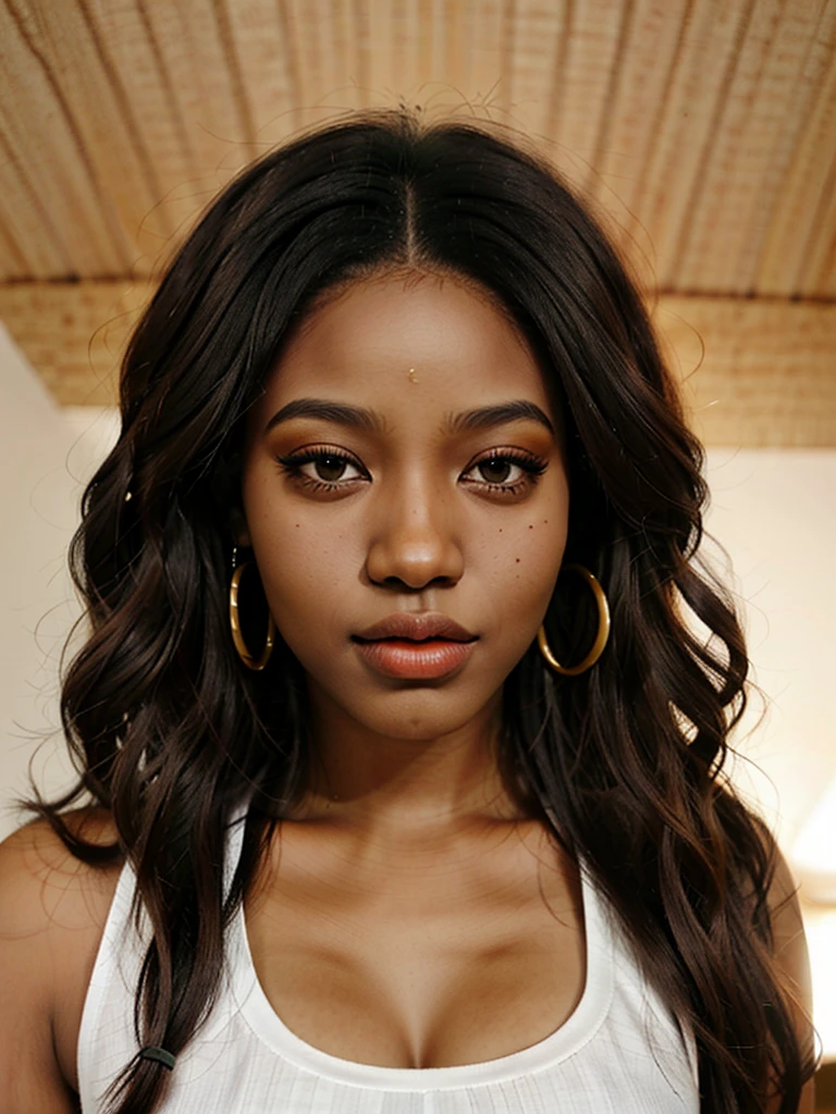 a curvy model with an African face with a large nose and mouth.