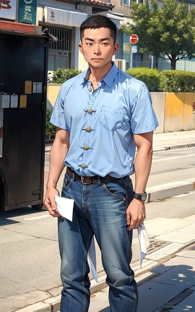 A 35-year-old Chinese man,Wearing short sleeves and jeans