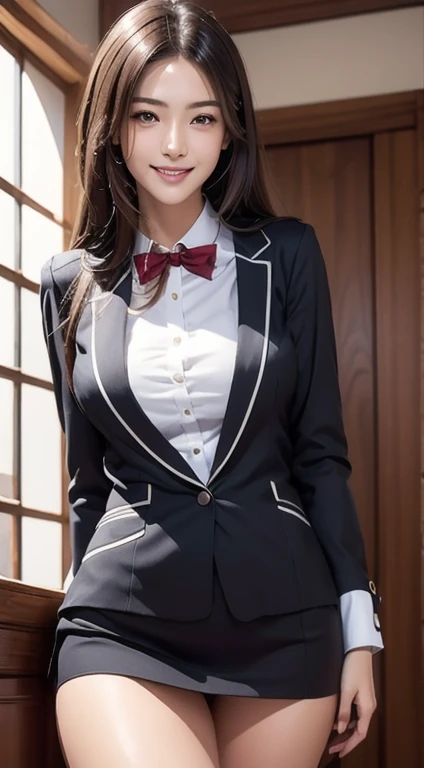 Photorealistic, masutepiece, Best Quality, Raw photo, 1girl in, Solo, Long hair, Brown hair, Detailed face, alluring face, Shy smile、From thigh up、Uniforms worn by hotel staff, medium breasts, Dynamic Pose, Looking at Viewer, From below, Detailed background, fine detailed, intricate detailes,  Ray tracing, depth of fields, lowkey, nffsw