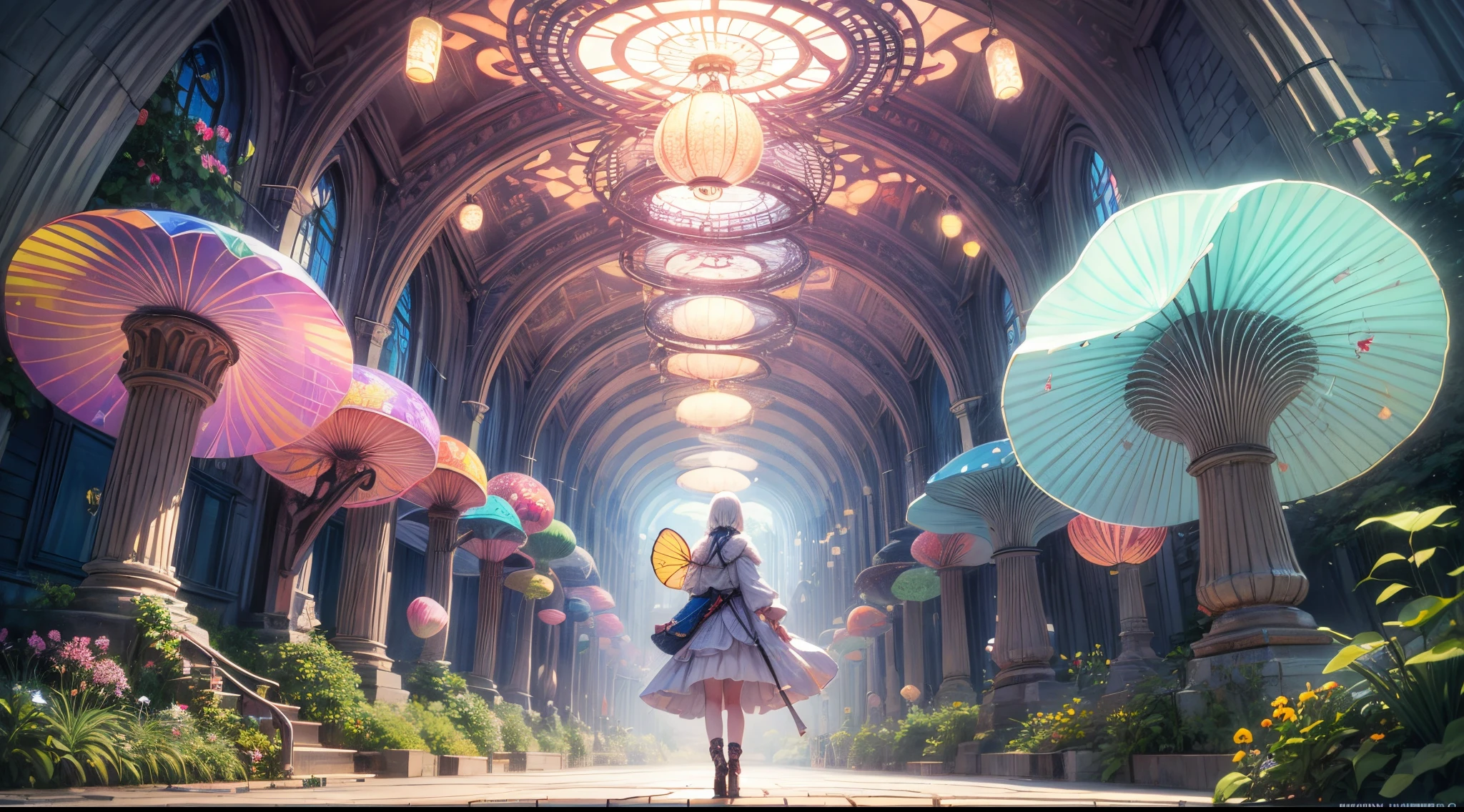 "Magical encounter, young girl exploring, gigantic mushroom, ethereal butterflies, misty wonderland, enchanting