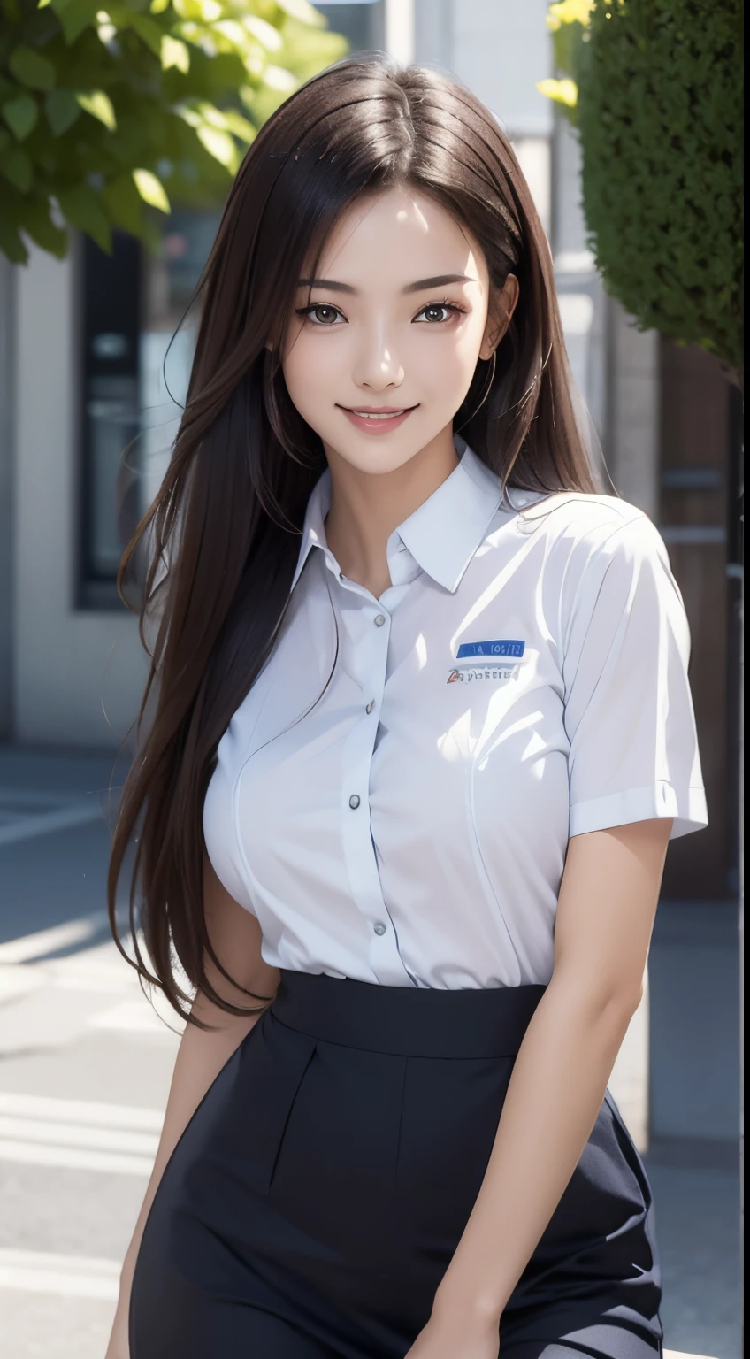 Photorealistic, masutepiece, Best Quality, Raw photo, 1girl in, Solo, Long hair, Brown hair, Detailed face, alluring face, Shy smile、From thigh up、Uniforms worn by hotel staff, medium breasts, Dynamic Pose, Looking at Viewer, From below, Detailed background, fine detailed, intricate detailes, Ray tracing, depth of fields, lowkey, nffsw