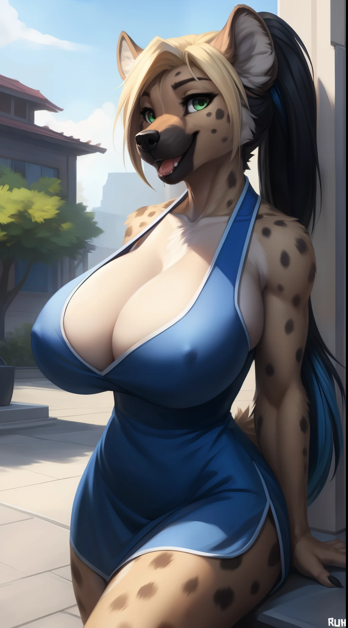 Draft Sketch (sfw)))), uploaded the e621, beautiful and detailed,woman (((female))) ((anthro)) hyena, Ross Tran, by ruan jia, by zaush, by foxovh, lighting cinematic, seductor, hyena, thighighs, (huge chest) foxovh 1girls ai_generated bare_shoulders big_breasts blue_eyes boob_window Black hair with blue highlights cleavage cleavage_cutout female female_only huge_breasts looking_at_viewer mole_on_breast ponytail ] 1 girl, game CG, white cheongsam, cleavage visible, short cheongsam, gigantic breasts, blonde, middle hair, side ponytail, green eyes, smile, open mouth, breast hold, outside, saliva, hands on boobs, boobs touch