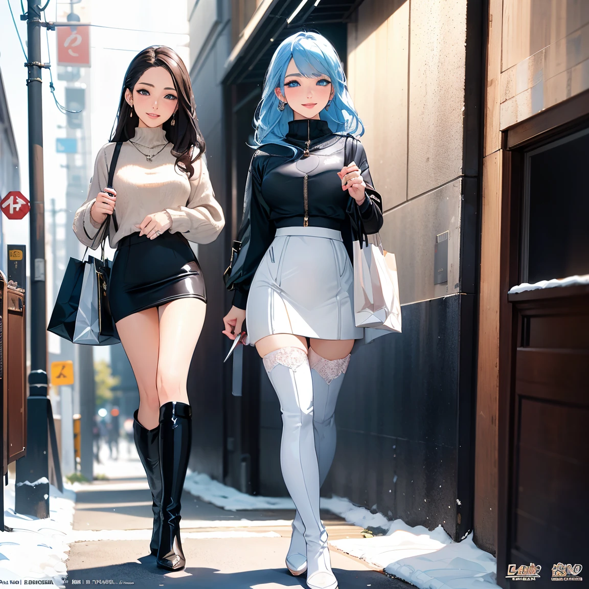Best Quality, Masterpiece, Extremely Detailed, High Resolution, 4K, Ultra High Resolution, Detailed Shadows, Perfect Light and Shadow, Two Girls in Stylish Clothes Taking Selfies on the Street, Colorful Braids, Anime Role Play, Anime Style Mixed Fujifilm, Cute, Big Laugh, Big, Sexy,