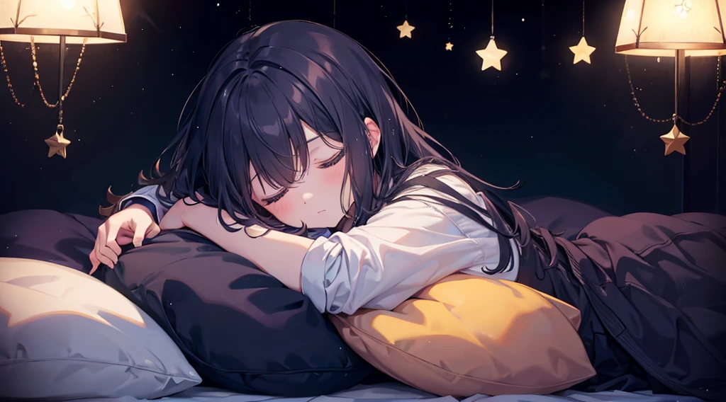 sleeping girl, dark room, star-shaped lighting