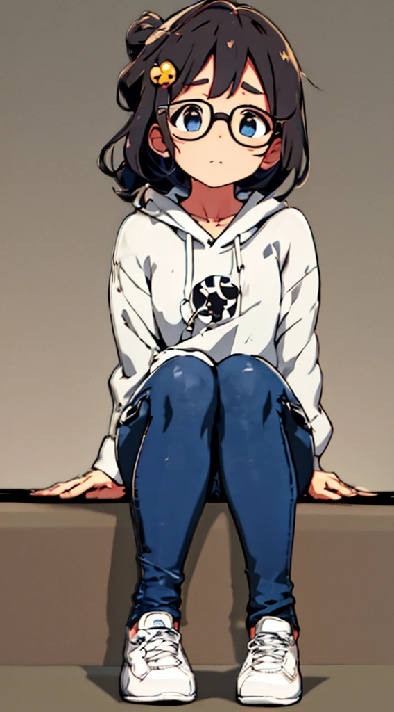 ​masterpiece, top-quality, One lady, Japan people in their 20s, A slight smil, (A dark-haired, Short perm, Strengthen curly hair and waves, Shorthair, With bangs, Gather your hair in a ponytail, attach hairpins to bangs), (thick eyebrow, draw thick eyebrows), (drooing eyes, Blue eyes, Blue eyes), Small nose, Thicker lips, (Rimless glasses, Small glasses, glasses for women), Wheat-toned skin, orange zip-up hoodie, Blue jeans, and draw the full body, Sitting pose with both knees raised, Put your hands on your face, (Looking at the camera, Front of camera, Look at viewers, Front attitude, Turn your face to the viewer, whole body facing the viewer).