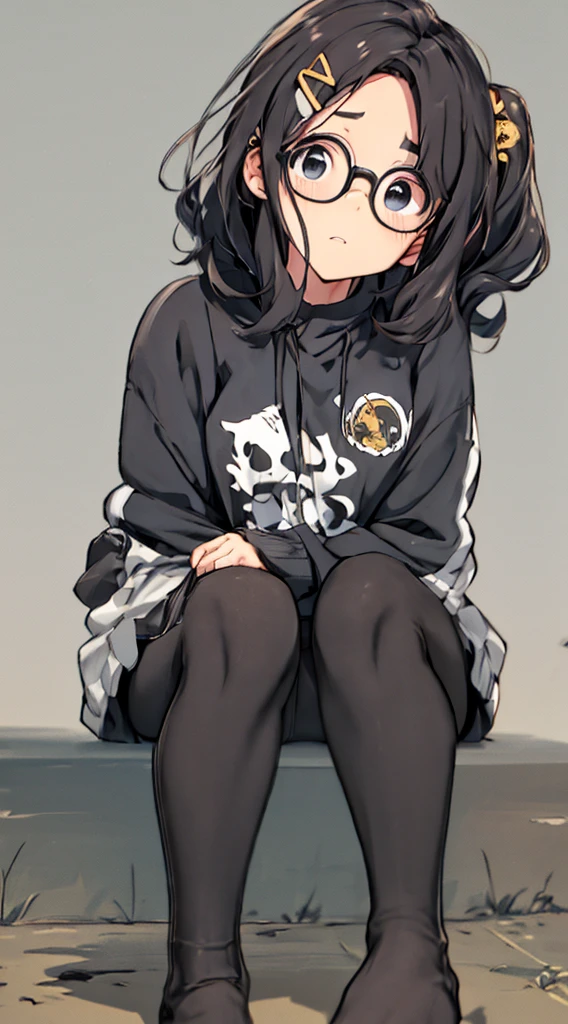 ​masterpiece, top-quality, One lady, Japan people in their 20s, A slight smil, (A dark-haired, Short perm, Strengthen curly hair and waves, Shorthair, With bangs, Gather your hair in a ponytail, attach hairpins to bangs), (thick eyebrow, draw thick eyebrows), (drooing eyes, Blue eyes, Blue eyes), Small nose, Thicker lips, (Rimless glasses, Small glasses, glasses for women), Wheat-toned skin, orange zip-up hoodie, Blue jeans, and draw the full body, Sitting pose with both knees raised, Put your hands on your face, (Looking at the camera, Front of camera, Look at viewers, Front attitude, Turn your face to the viewer, whole body facing the viewer).