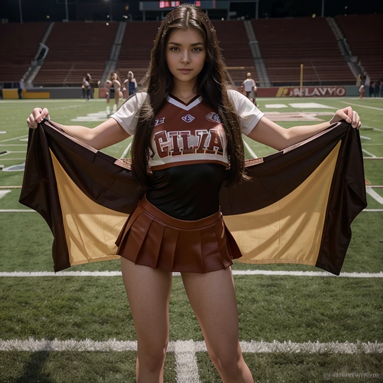 arafed woman with long hair wearing cheerleader costumes, without makeup, 18 years old, perfect face ), 19-year-old girl, anna nikonova aka newmilky, pokimane, anastasia ovchinnikova, 2 2 years old, 8k selfie photograph, brown hair and large eyes, black hair and large eyes fit body cheerleader leather costume solo picture on a football field