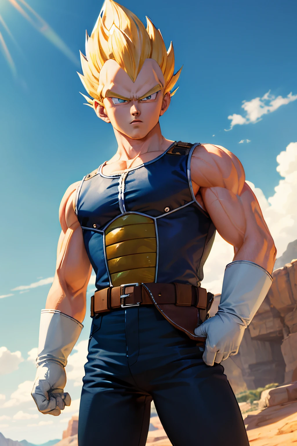(masterpiece, best quality: 1.2), cowboy shot, solo, male focus, 1boy, vegeta, serious, looking at the viewer, spiked blonde hair, green eyes, armor, white gloves