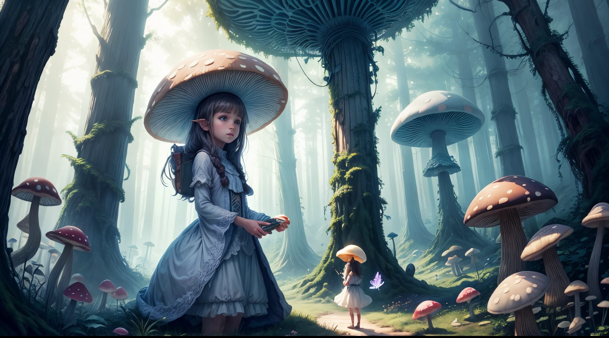 "Magical encounter, young girl exploring, gigantic mushroom, ethereal butterflies, misty wonderland, enchanting