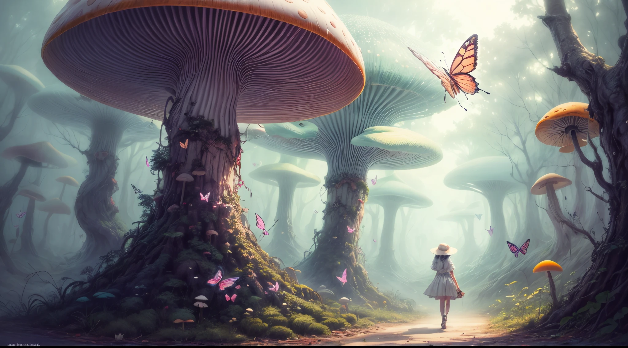 "Magical encounter, young girl exploring, gigantic mushroom, ethereal butterflies, misty wonderland, enchanting