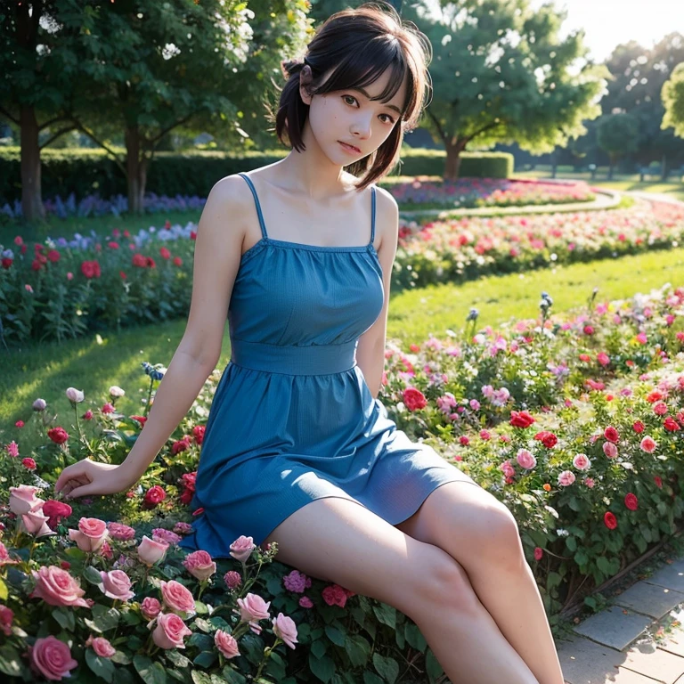 A cute girl wearing a short blue frock, sitting on the flore in a rose garden. Natural lighting. Sun light.