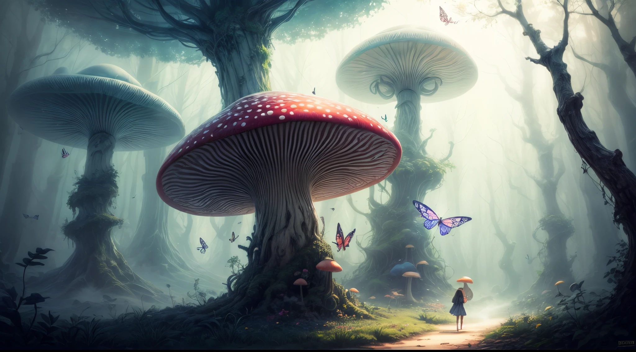 "Magical encounter, young girl exploring, gigantic mushroom, ethereal butterflies, misty wonderland, enchanting