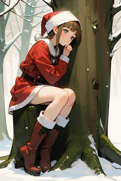 Christmas girl, boots, leaning on a tree trunk in the snow, alone, with a sad expression