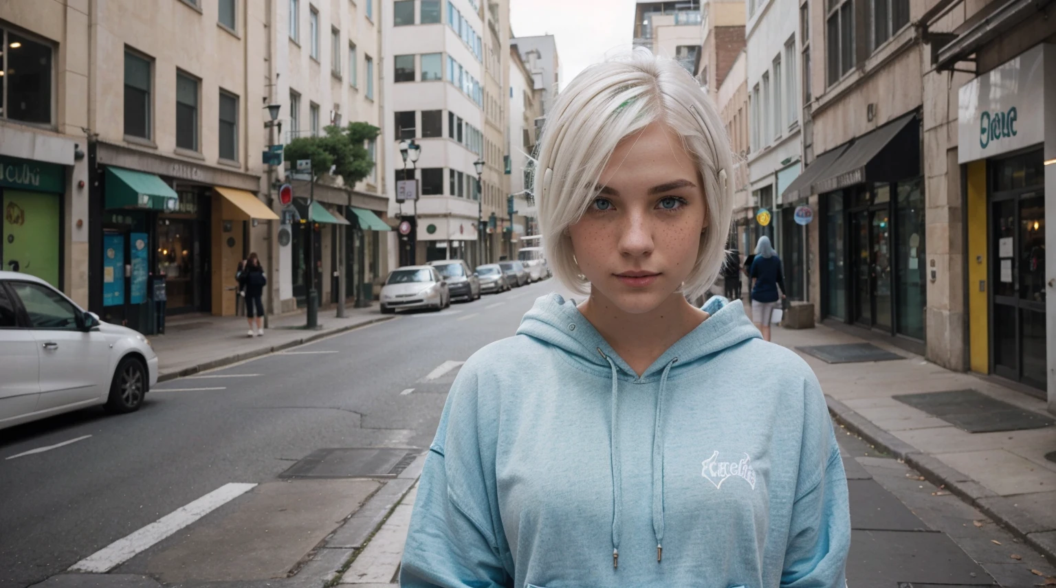 show me real young women, around 25yo, with medium-short white hair, one blue and one green eyes, a little freckles, wearing short hoodie and jeans, standing in the front of the city center