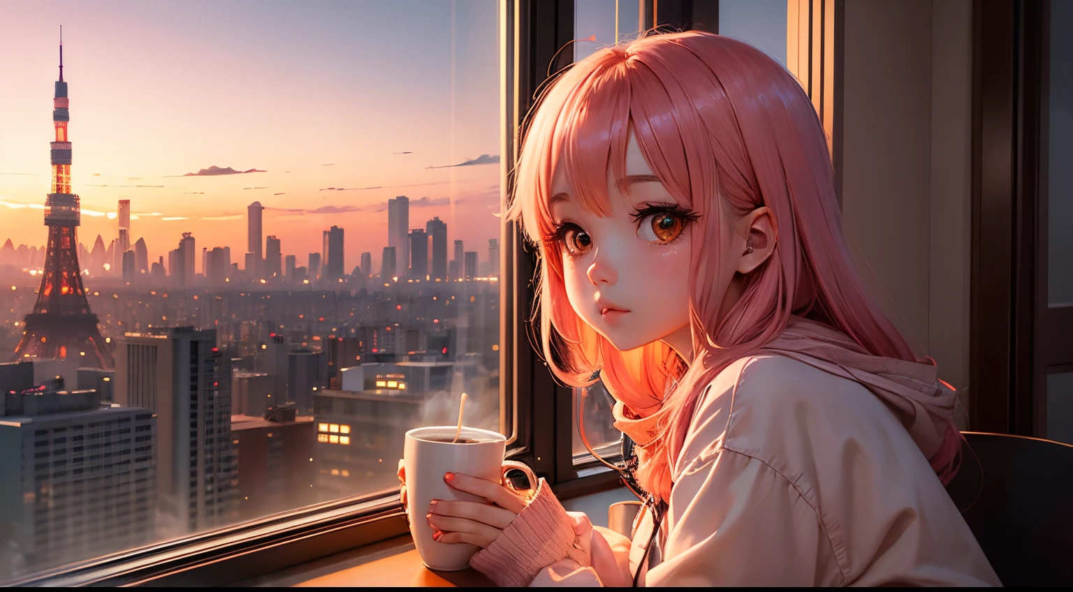 "Dreamy Dusk Delight": Anime girl near the tokyo tower window and a cup of coffee in a dreamy dusk landscape with warm pinks and oranges.