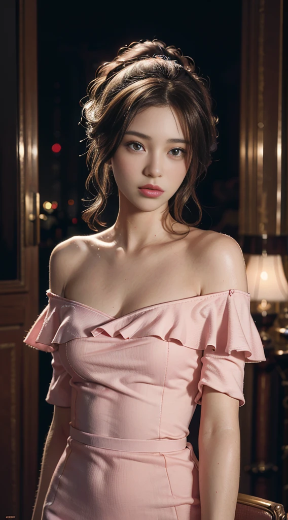 Best Quality, Masterpiece, Ultra High Resolution, (Realisticity: 1.4), Original Photo, 1girl, Pink Off-the-Shoulder, Cinematic Lighting
