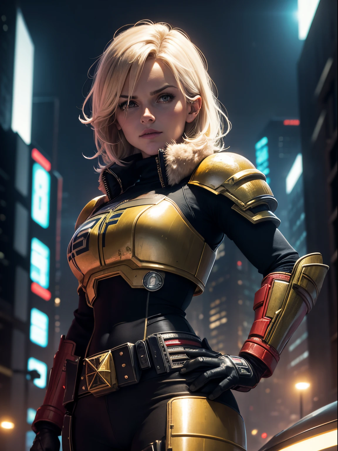 Helen Skelton as Judge Dredd, dramatic lighting from police strobes, authentic Judge Dredd uniform, Judge Dredd shoulder pads, Judge Dress shield, standing, hand on hip, futuristic city behind, night,