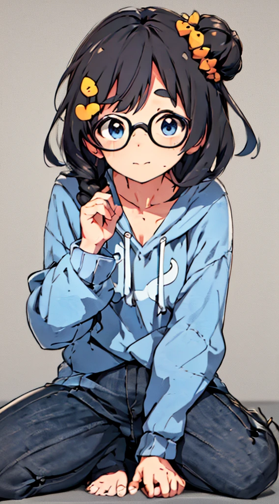 ​masterpiece, top-quality, One lady, Japan people in their 20s, A slight smil, (A dark-haired, Short perm, Strengthen curly hair and waves, Shorthair, With bangs/separated bangs, Bun hair, Gather the back hair in a braid, attach hairpins to bangs), (thick eyebrow, draw thick eyebrows), (drooing eyes, Blue eyes, Blue eyes), Small nose, Thicker lips, (Rimless glasses, Small glasses, glasses for women), Wheat-toned skin, orange zip-up hoodie, Blue jeans, and draw the full body, Sitting pose with both knees raised, Put your hands on your face, (Looking at the camera, Front of camera, Look at viewers, Front attitude, Turn your face to the viewer, whole body facing the viewer).