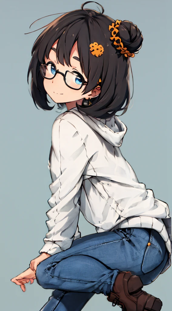 masterpiece, top-quality, One lady, Japan people in their 20s, A slight smil, (A dark-haired, Short perm, Strengthen curly hair and waves, Shorthair, With bangs/separated bangs, Bun hair, Gather the back hair in a braid, attach hairpins to bangs), (thick eyebrow, draw thick eyebrows), (drooing eyes, Blue eyes, Blue eyes), Small nose, Thicker lips, (Rimless glasses, Small glasses, glasses for women), Wheat-toned skin, orange zip-up hoodie, Blue jeans, and draw the full body, Sitting pose with both knees raised, Put your hands on your face, (Looking at the camera, Front of camera, Look at viewers, Front attitude, Turn your face to the viewer, whole body facing the viewer).