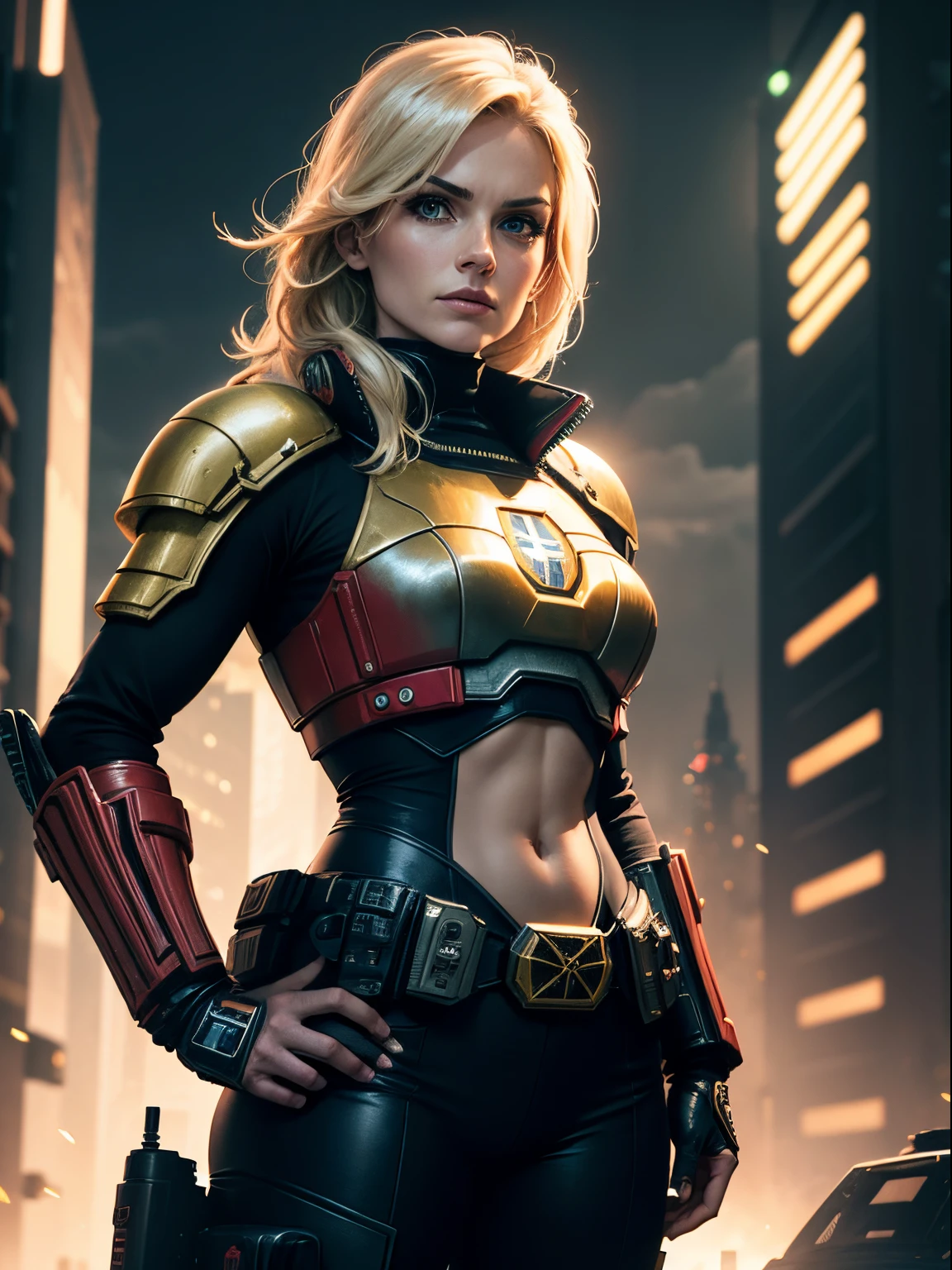 Helen Skelton as Judge Dredd, dramatic lighting from police strobes, authentic Judge Dredd uniform, Judge Dredd shoulder pads, Judge Dress shield, standing, hand on hip, futuristic city behind, night,