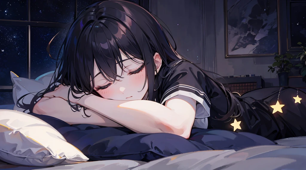 Sleeping Girl, Dark room, Star-shaped lighting
