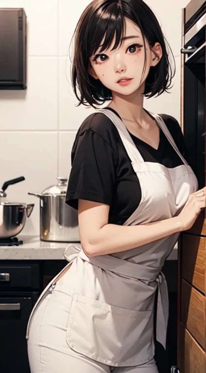 japaness girl,black, short messy hair, tight pants, apron, hand behind back , look at camera, parted lips, big cheats, teats slightly embossing, drunk face, a mole under lip