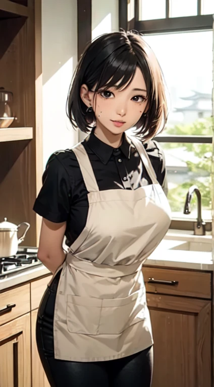 japaness girl,black, short messy hair, tight pants, apron, hand behind back , look at camera, parted lips, big cheats, teats slightly embossing, drunk face, a mole under lip