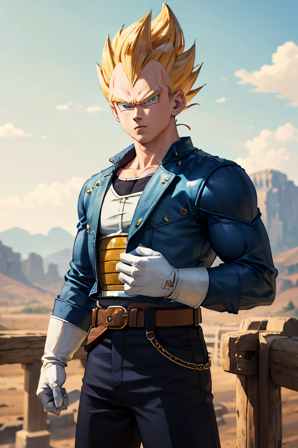 (masterpiece, best quality: 1.2), cowboy shot, solo, male focus, 1boy, vegeta, serious, looking at the viewer, spiked blonde hair, green eyes, armor, white gloves