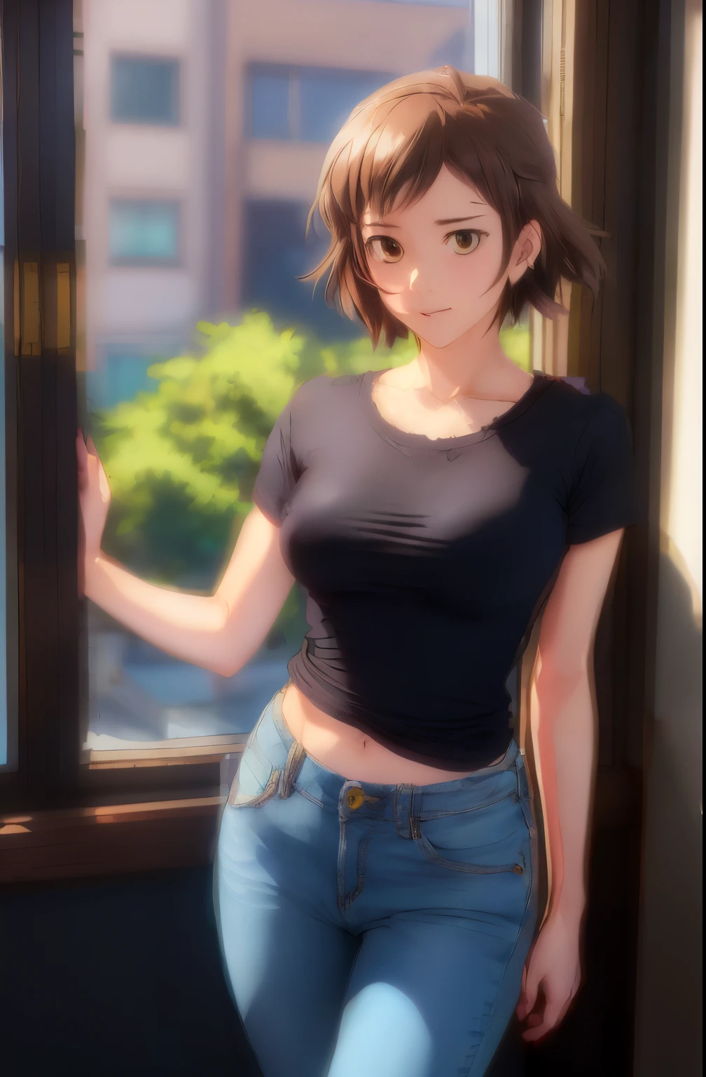 woman in a T-shirt and jeans stands in front of the window, makoto sinkai. high detail, illya kuvshinov. 4 thousand., makoto shinkai and artgerm, seductive anime girl, the anime. soft-lighting, Makoto Shinkai art style, makoto sinkai ( Apex Legendakoto in Shinkai style