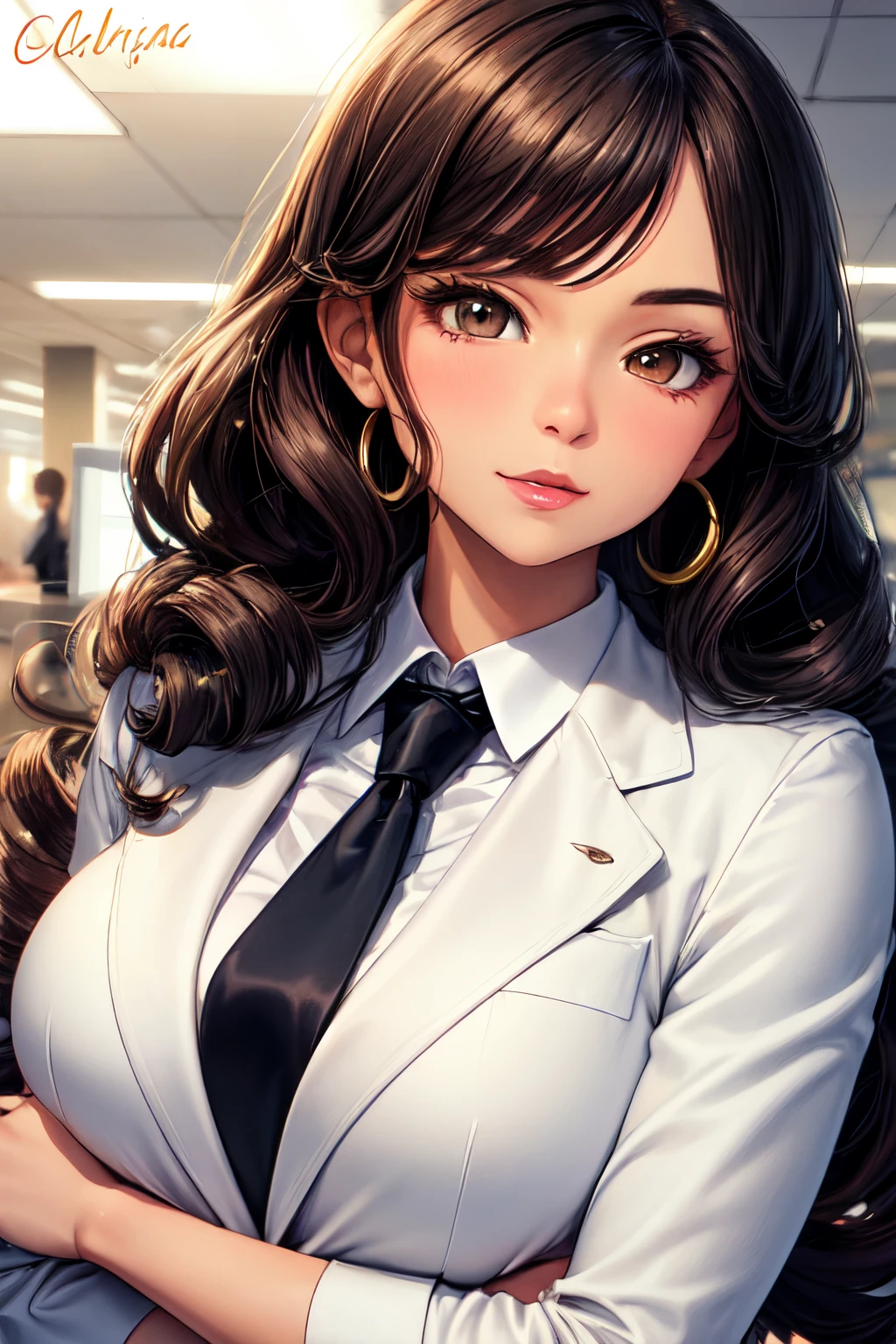 Star Butterfly , woman about 22 years old with long curly hair light tan skin tone detailed brown eyes perfect face dressed elegantly in a sales agent&#39;s suit she has black curly hair beautiful eyes , piel morena clara, 22 year old woman is in an office