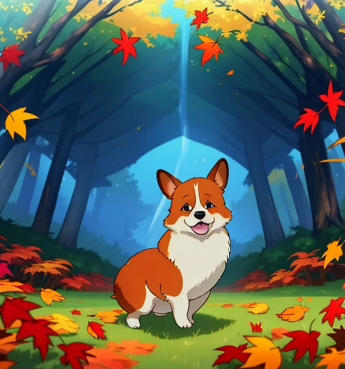 Glowing Welsh Corgi, blue, black, gold, 4k resolution, masterpiece, autumn forest, playing in the wind, raytracing,