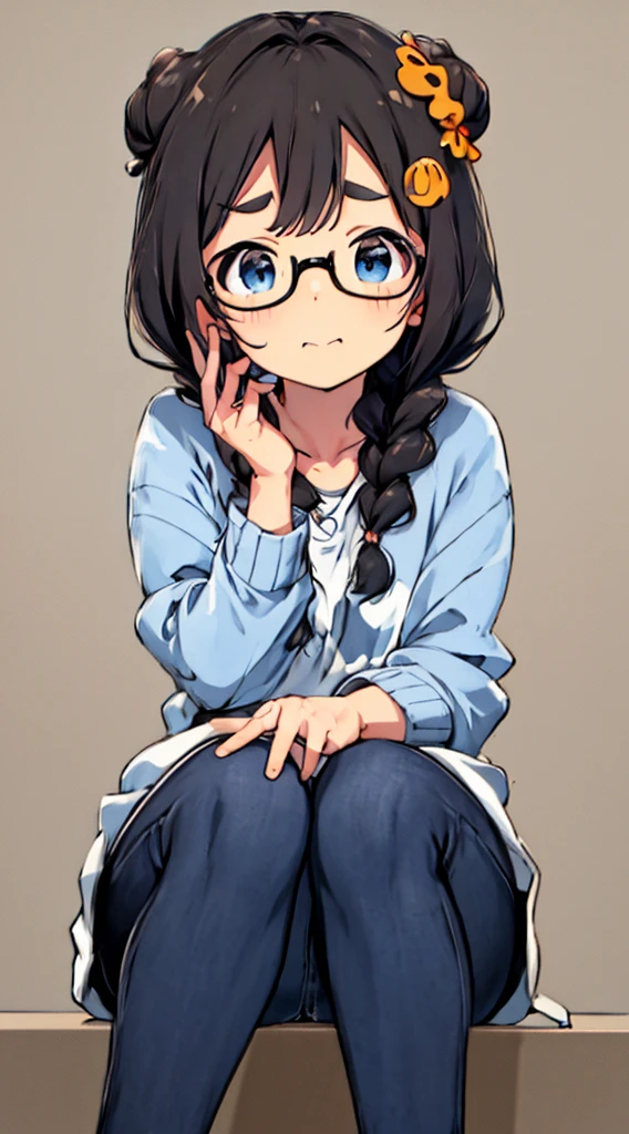 masterpiece, top-quality, One lady, Japan people in their 20s, A slight smil, (A dark-haired, Short perm, Strengthen curly hair and waves, Shorthair, With bangs/separated bangs, Two buns hair, Gather the back hair into two braids, attach hairpins to bangs), (thick eyebrow, draw thick eyebrows), (drooing eyes, Blue eyes, Blue eyes), Small nose, Thicker lips, (Rimless glasses, Small glasses, glasses for women), Wheat-toned skin, orange zip-up hoodie, Blue jeans, and draw the full body, Sitting pose with both knees raised, dynamic sitting pose, (Looking at the camera, Front of camera, Look at viewers, Front attitude, Turn your face to the viewer, whole body facing the viewer).