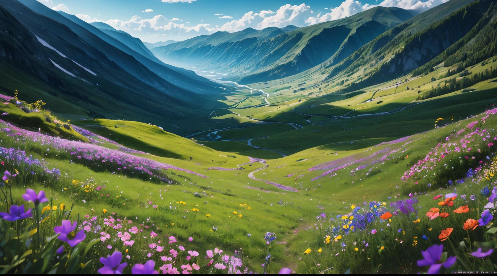 Mesmerizing view of a dream valley, wild flowers, surreal, photorealism, highly detailed, ultra HD, 8K,