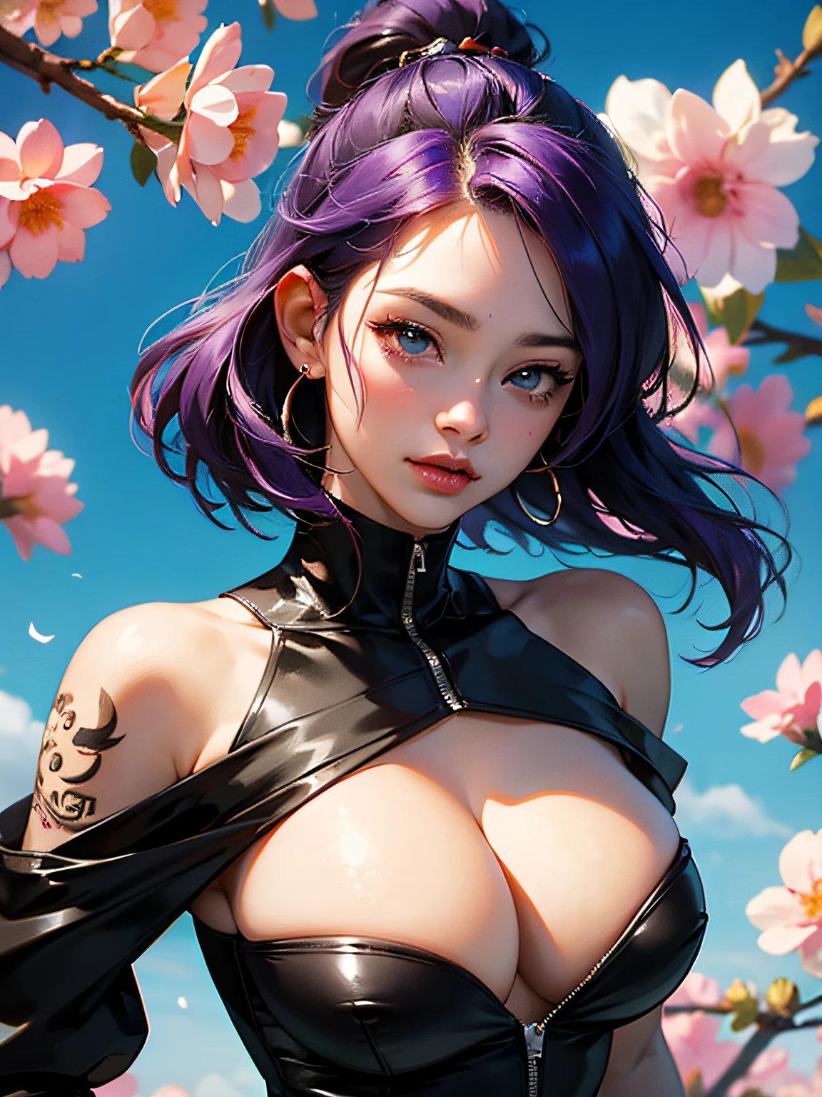 masterpiece, best quality, {best quality}, {{masterpiece}}, {highres}, (big breast:1.3), focus, anime style, a closeup of a cartoon of a woman, 1girl, girl design, portrait, giesha, anime image, colored hair, polished and powerful look, exotic, happy, cheerful, rocker clothes, piercings, music, tattoo, sound, flowers, colorful, colors