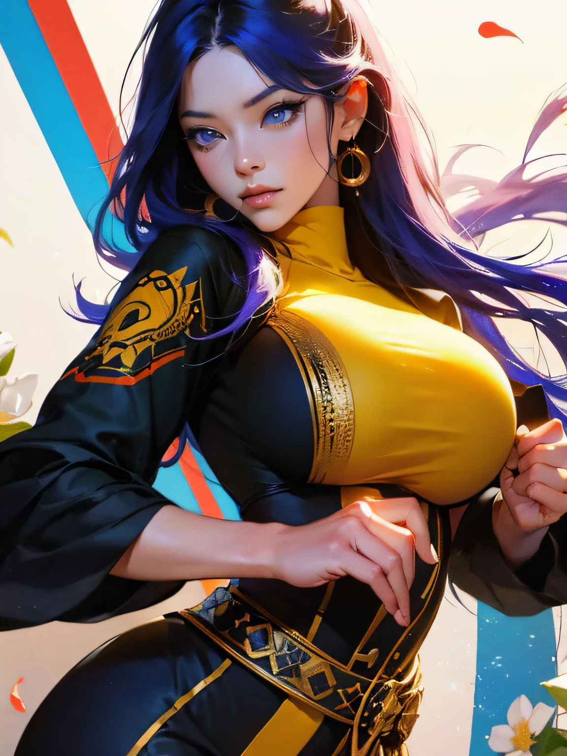 masterpiece, best quality, {best quality}, {{masterpiece}}, {highres}, (big breast:1.3), focus, anime style, a closeup of a cartoon of a woman, 1girl, girl design, portrait, giesha, anime image, colored hair, polished and powerful look, exotic, happy, cheerful, rocker clothes, piercings, music, tattoo, sound, flowers, colorful, colors