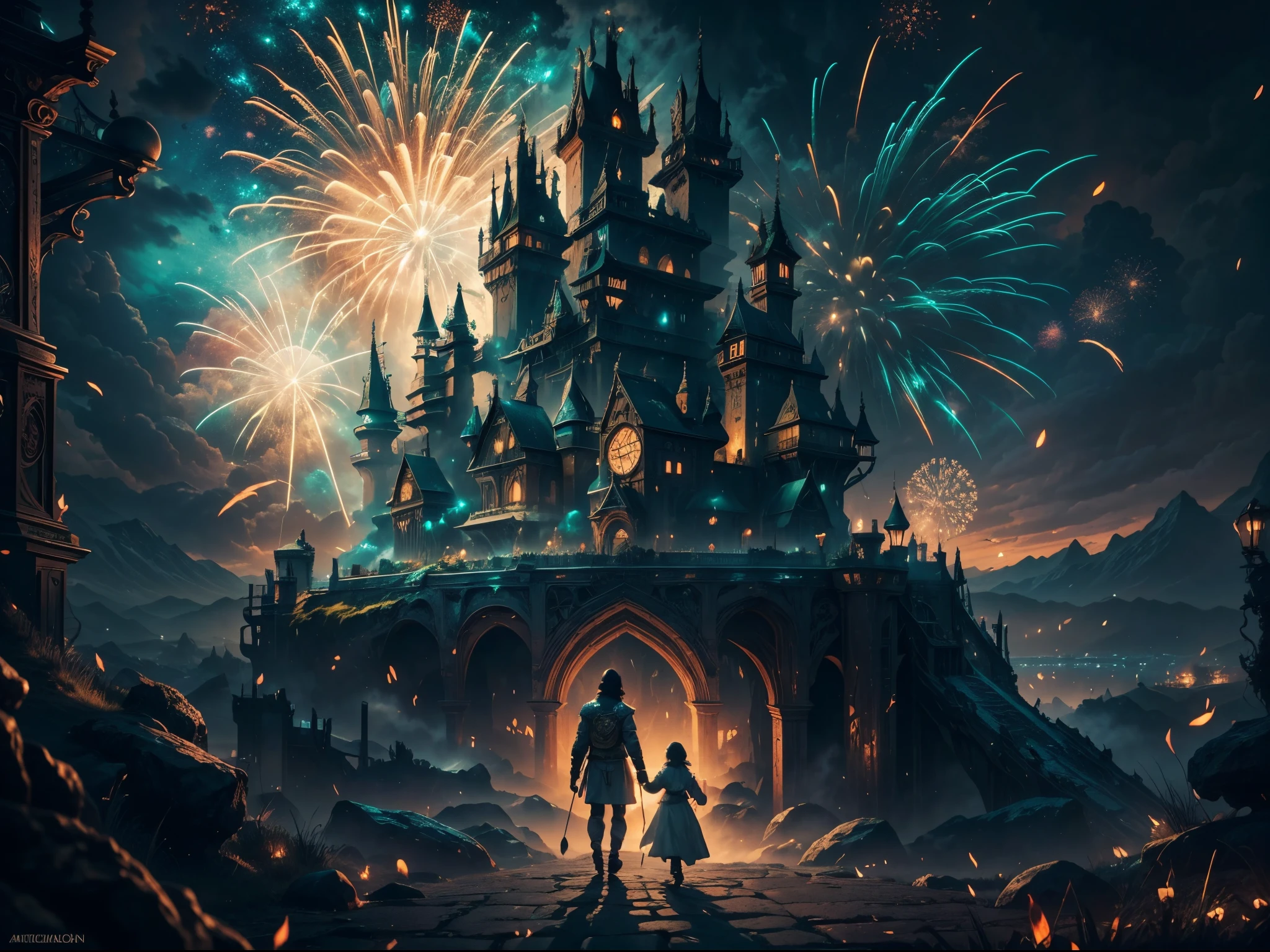 ((best quality)) , ((masterpiece)) , (detailed) , (((storybrooke))) , (landscape) ,incredibly absurdres,dreamlike, ((moody lighting)) , ((available light)) ,springgreen, (fireworks) ,a few children are chasing after each other,happy atmosphere, 8k, intricate background, l Magic Realism, Dark, Methaphysical painting, Candle light, macro lens, anaglyph effect, quantum wavetracing, epic fantasy, artstation, pixiv, 8k resolution