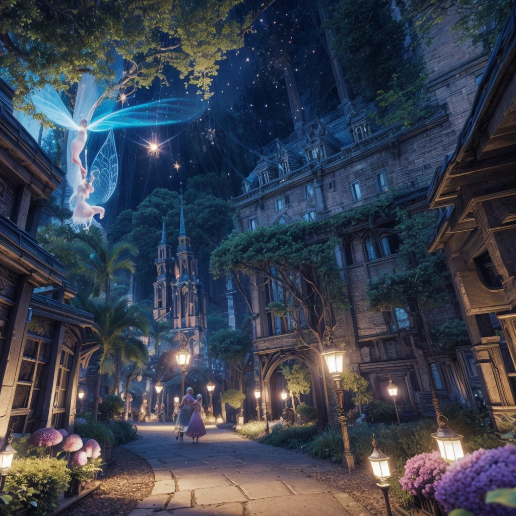 (best quality,4k,8k,highres,masterpiece:1.2),ultra-detailed,(realistic,photorealistic,photo-realistic:1.37),vibrant colors,bokeh,(dreamlike,fantasy,enchanted:1.2),fairy,fairies,houses,village,little beings,enchanted forest,glimmering lights,glowing ,colorful flowers,sparkling river,ethereal atmosphere,whimsical architecture,serene,enchanted environment,enchanting landscape,magical beings,magical creatures,playful,mystical,magical glow,eccentric details,lush foliage,mythical,delicate structures,dreamy,fairy dust,sparkling wings,tiny pathways,secret hideouts,magical activities,twinkling stars,glowing fireflies