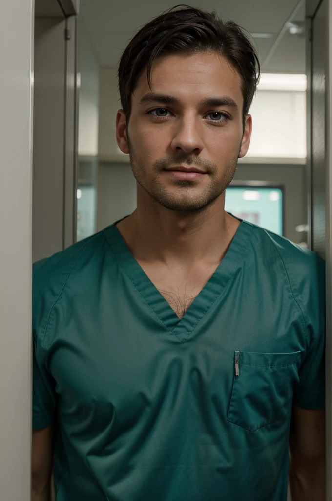 Man doctor in the clinic with scrubs, 32 years old, charming, with green eyes, dark hair, with a short dark beard, perfect lips, beautiful man, best quality, masterpiece, detailed, perfect face, super high resolution