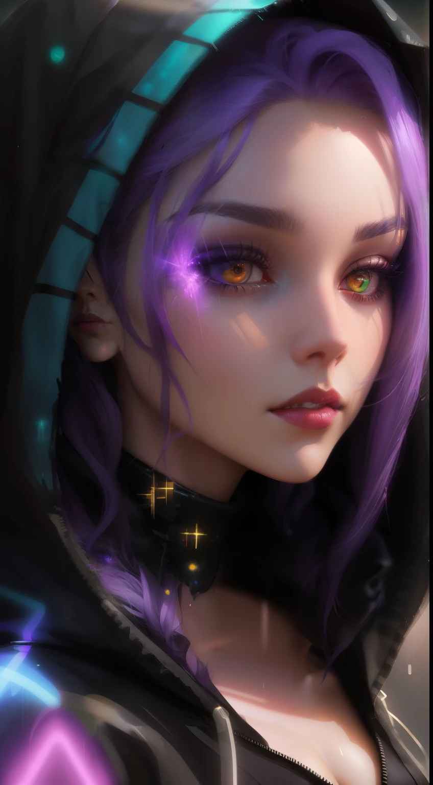 1. **Style and setting:** - The illustration must have a detailed and realistic anime style. - The setting must be dark, with predominantly purple and lilac tones, suggesting a nocturnal or dark interior atmosphere. 2. **Main character:** - **Face and expression:** - The character must have a young and feminine face, with a serene and slightly pensive expression. - Large and bright eyes, deep violet with luminous details. - Long and defined eyelashes. - Soft and well-defined lips, with a slight pink sheen. - **Hair:** - Deep purple hair, with lighter highlights to give depth and volume. - Hairstyle with soft curls and volume, partially gathered with a decorative clip. - The clip must have details in pastel colors, especially pink and yellow, with a delicate design. 3. **Accessories:** - **Glasses:** - Thin-framed, translucent glasses in lilac tones. - Large glasses that frame the character's eyes well. - **Jewelry:** - Long, elegant earrings with details in purple and silver tones. - Delicate necklace with a small pendant, with silver details and a touch of lilac. - Dark purple ribbon choker with a minimalist design. 4. **Clothing:** - **Top:** - Black blouse with lace details on the edges. - Moderate V-neckline, showing an additional necklace with a simpler design. - **Accessories:** - A light jacket or cape over the shoulders, also in dark tones, probably black or a very dark purple. - Additional details in the clothing should include small flashes or reflections that follow the predominant color scheme. 5. **Background:** - Dark background, but not completely black, with subtle gradients of purple and dark blue. - Add diffuse elements in the background to give depth, such as soft, diffused lights that suggest a dim room or interior space. - Include a thin frame around the illustration in a shade slightly lighter than the background, to highlight the main character.