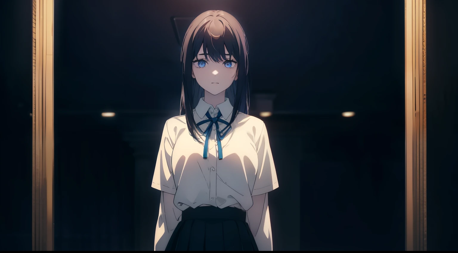 (Obra maestra, La mejor calidad, ultrahigh resolution), 1girl, standing, school uniform, white office shirt, black pleated skirt, (light brown hair:0.7), long hair cut, pale skin, ((blue eyes)), glowing_eyes, neon eyes, (ultra detailed eyes, beautiful and detailed face, detailed eyes), ((centered)), smile, ((wide shot)), facing viewer, eye level, (blurry background, night sky background), flat chested, looking at viewer, half closed eyes, ((perfect hands)), (head, arms, hips, elbows, in view), ((tall)), ((hands behind back)), empty eyes, beautiful lighting, light hitting face, outside,