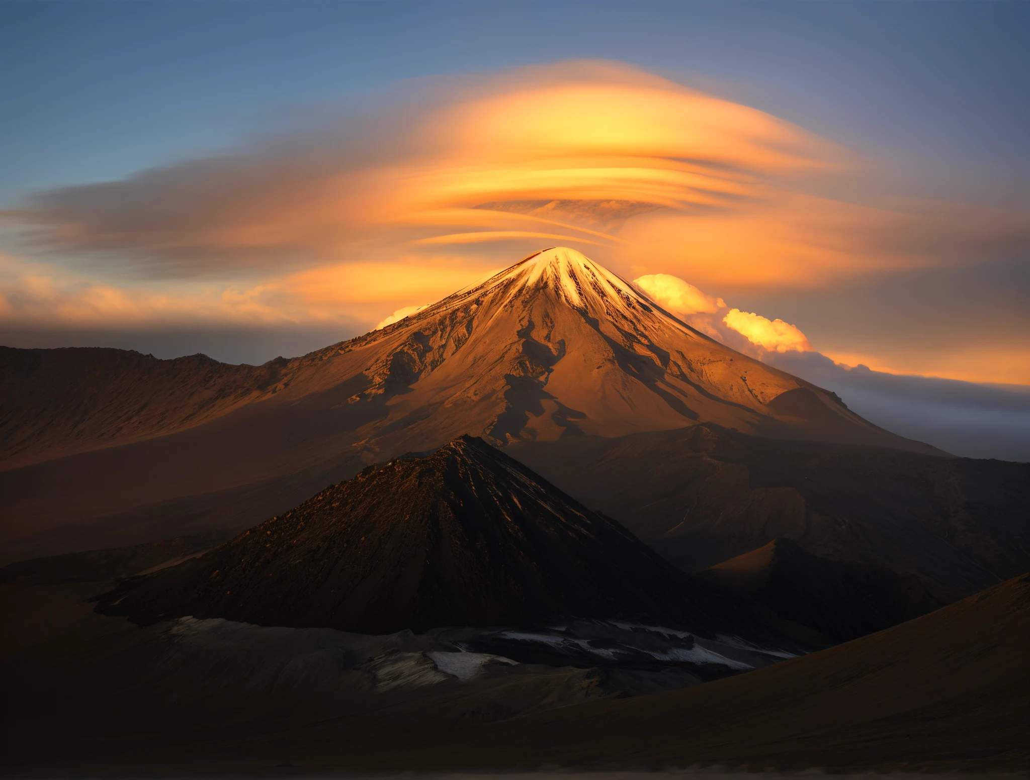full snow and white mountain winter with a cloud formation in the sky, volcano landscape, detailed mountain sunrise, by Alexander Kucharsky, andes, volcanos, volcanic, cloud, last light on mountain top, vulcano, marc adamus, by Andrei Kolkoutine, photoreal”, majestic light, burning clouds
