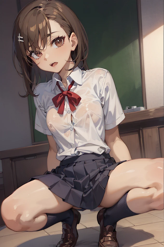 Very detailed CG unified 8k wallpaper, tmasterpiece， Best quality at best， misaka_mikoto， Brown eyes， looking at viewert， 独奏， short_hair， opened_mouth， collared_shirt， looking_at_viewer，(watered school_uniform：1.5)， see-through shirts， white_shirt， small_breast， ‎Classroom，Courtship pose，no underwares and underpants,Full body like，Spread legs 180 degrees apart，(Conspicuous nipples and juicy Conspicuous vagina:1.0),(Masturbation:1.2),Be red in the face