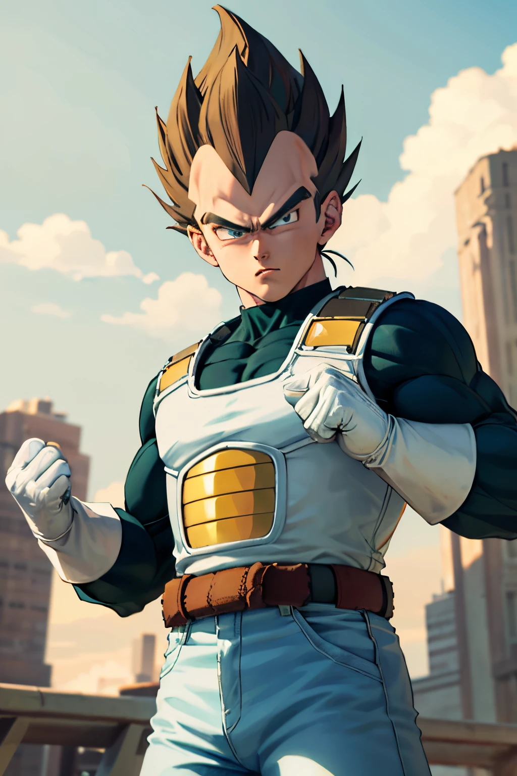 (masterpiece, best quality: 1.2), cowboy shot, solo, male focus, 1boy, vegeta, serious, looking at the viewer, spiked blonde hair, green eyes, armor, white gloves, martial arts