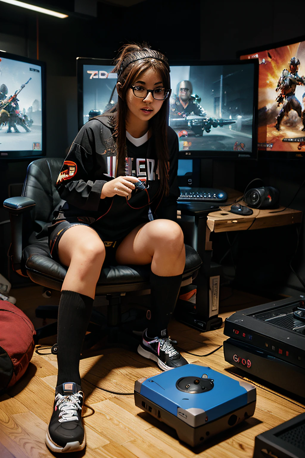 a woman surrounded by video games and video game console, geek outfit