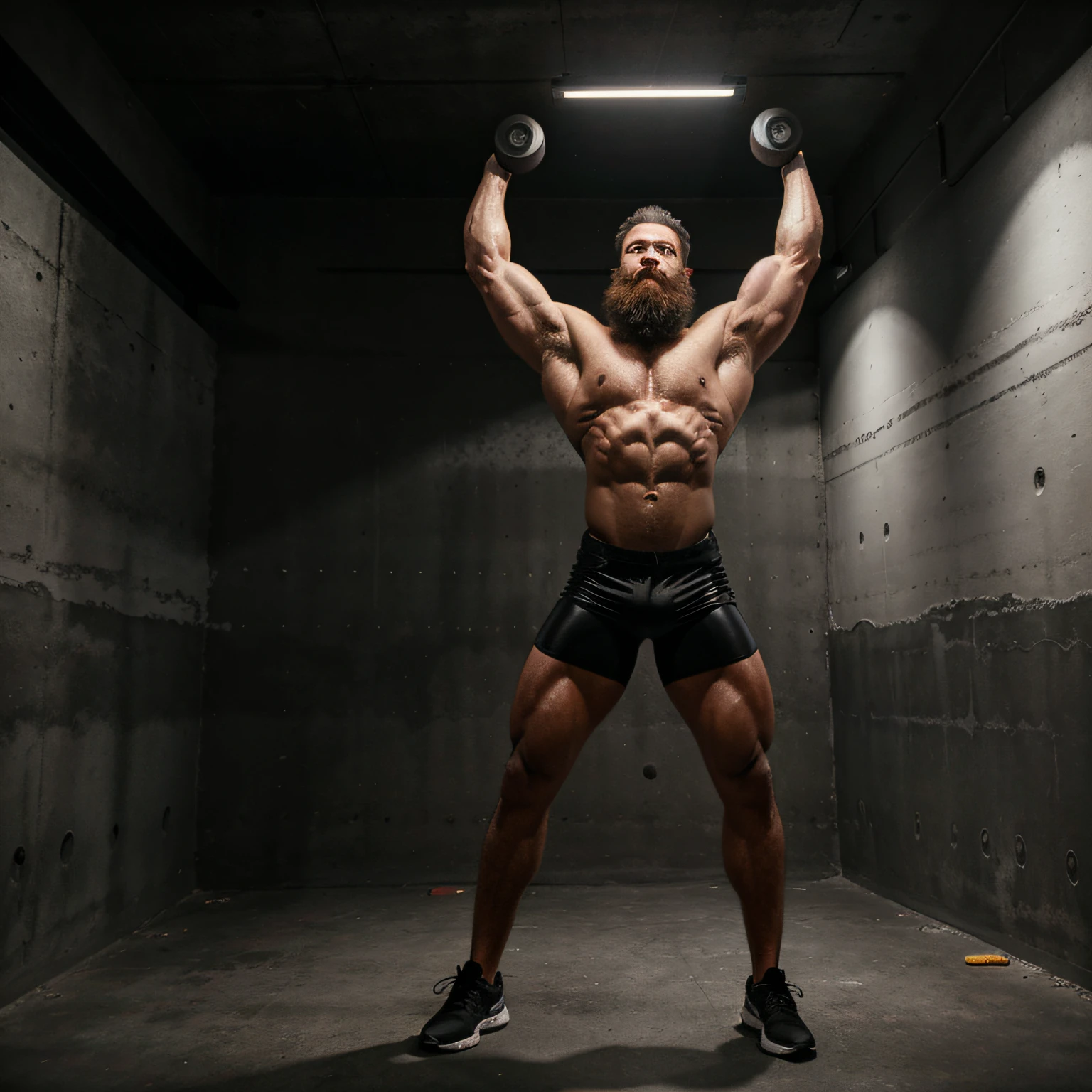 vue complète du corps d&#39;un homme barbu bodybuilder dans une pièce sombre faite de mur de béton, short moulant en caoutchouc noir brillant et lisse, soulever des haltères pour les bras. Néon